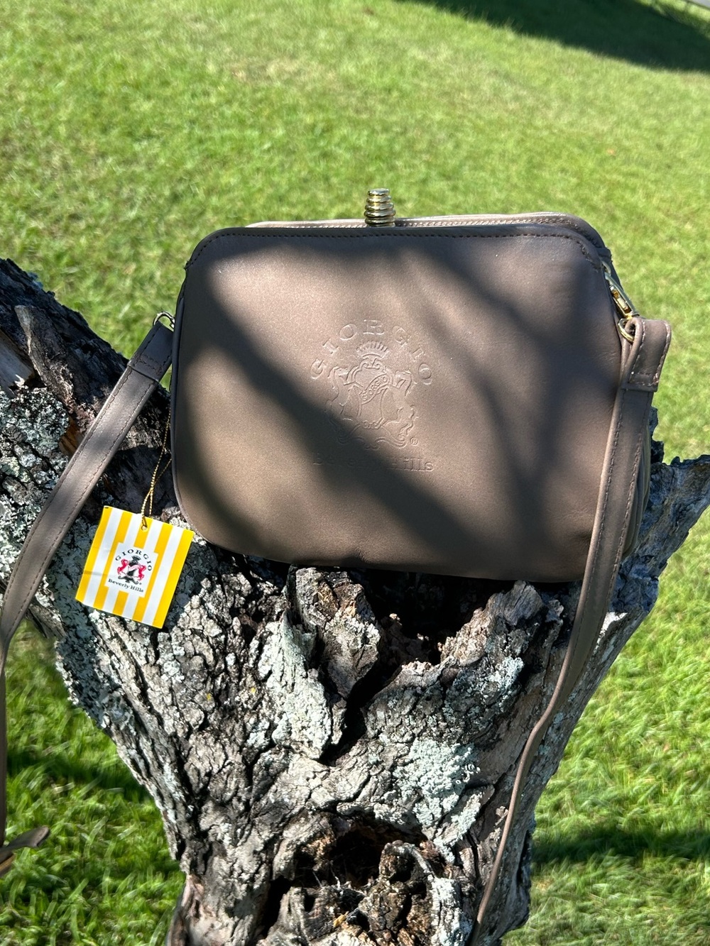 Giorgio Beverly Hills Taupe Embossed Crest Crossbody Shoulder Bag